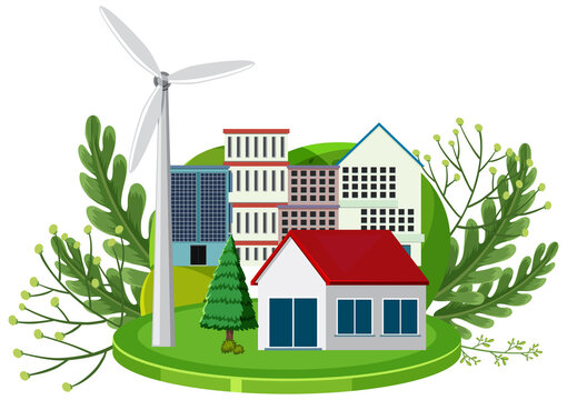 green city with wind turbine and houses clip art preview