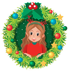 Christmas wreath border with a cute girl