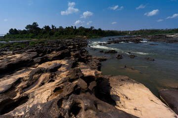 Mekong river showing rock formations formed by water erosion over thousands of years showing more...