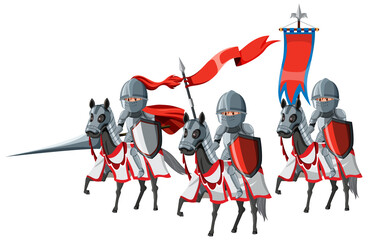 Group of medieval knights on horseback on white background