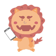 スマホを持つ沖縄のシーサー　イラスト素材