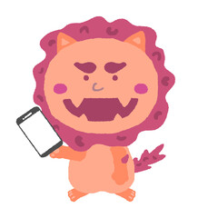 スマホを持つ沖縄のシーサー　イラスト素材