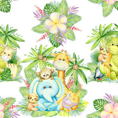 Naklejka premium Elephant, turtle, lion, leopard, monkey, Zebra, parrot, Pelican. Tropical animals, plants and flowers, a cartoon style. Watercolor seamless pattern.