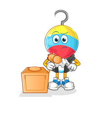 fishing bait head cartoon judge holds gavel. character vector