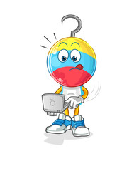 fishing bait head cartoon with laptop mascot. cartoon vector