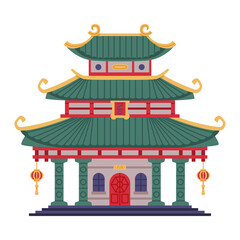 Pagoda as Chinese Tiered Tower with Multiple Eaves and Traditional Building Vector Illustration