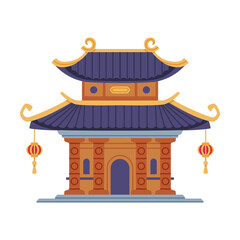 Pagoda as Chinese Tiered Tower with Multiple Eaves and Traditional Building Vector Illustration