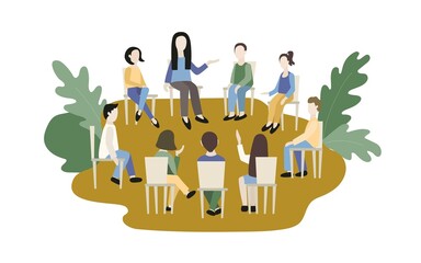 Teenagers sit on chairs in a circle. Consultation with a psychologist or teacher. Group practical classes. Discussion and exchange of views. Acceptance of yourself and others. Vector illustration