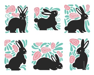 Set of stylized bunnies with floral elements. Stamps with black and white rabbits. Simple shaped silhouettes of hare in the wild. Different poses. Vector isolated.