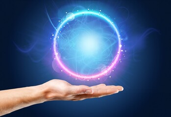 Crystal sphere in hands. Magic ball predictions. Mysterious concept.