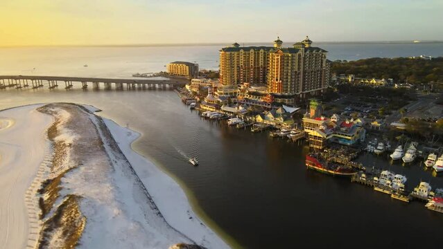 Destin Harbor, Aerial Flying, HarborWalk Village, Marler Bridge, Florida