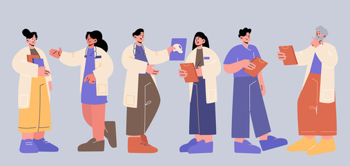 Doctors and nurses hospital staff, medical healthcare team wear white robe holding clipboards, x-ray or stethoscopes. Medicine characters in uniform, clinic personnel Line art flat vector illustration