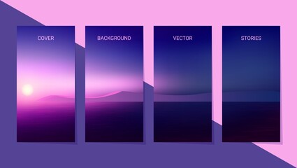 Set of templates for stories,social media banners mock up. Mauve sunset over the ocean with distant mountain and clouds.