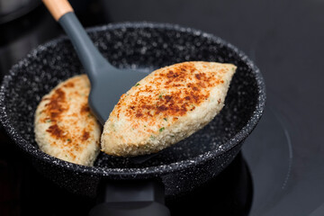 Fried chicken cutlets on a pan. Close-up