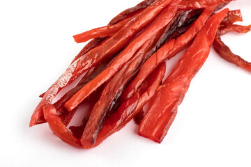 Pieces of dried and smoked fish from red salmon species. The concept of snacks for beer. Fish...
