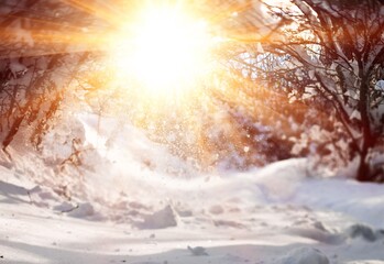 Sunset or sunrise in winter snow. Beautiful nature concept
