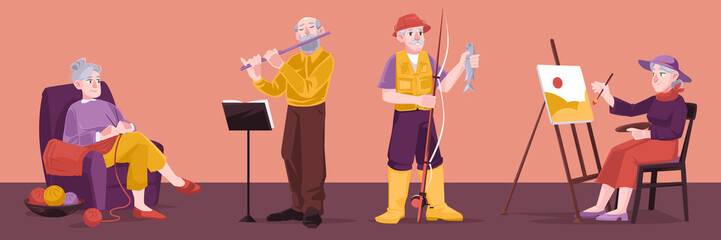 Elder people hobbies, fishing, painting, knitting and play music. Vector set of flat illustration with senior men and women with flute, fish, easel and yarn. Grandparents enjoy hobby on retirement © klyaksun