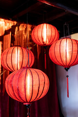 Red lanterns inside a restaurant in Hoi An, Cambodia