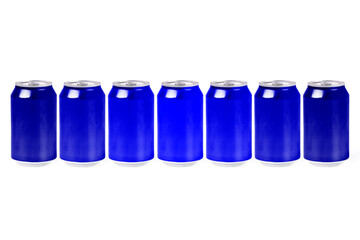 Aluminum cans with blue color variations on a white background. Drink concept