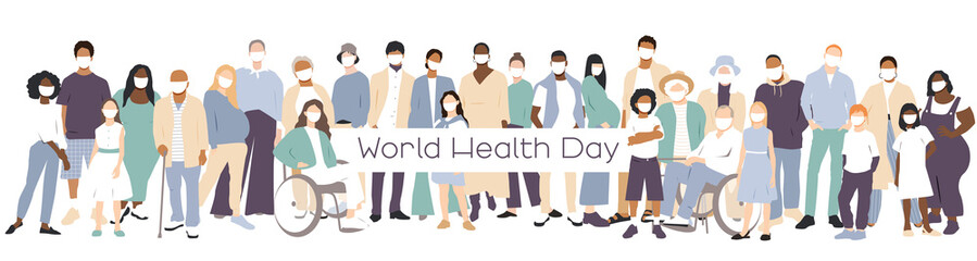 World Health Day banner. People of different ethnicities stand side by side together. People in white medical face masks. 