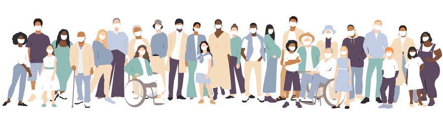Fototapeta premium People of different ethnicities stand side by side together. People in white medical face masks. Flat vector illustration.