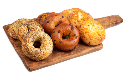 Variety of Bagel Flavors on a Cutting Board