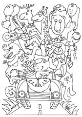 Coloring page for kids. Animal ride by car. Vacation. Printable education worksheet. Sketch vector illustration.