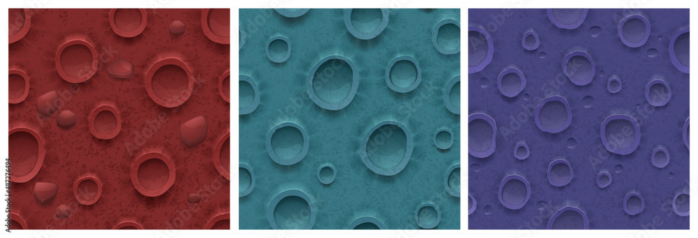 Sticker moon surface seamless background with craters. vector alien planet texture for game of brown, blue a
