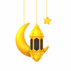 Golden Crescent Moon With Lantern Arabian Style Vector Isolated