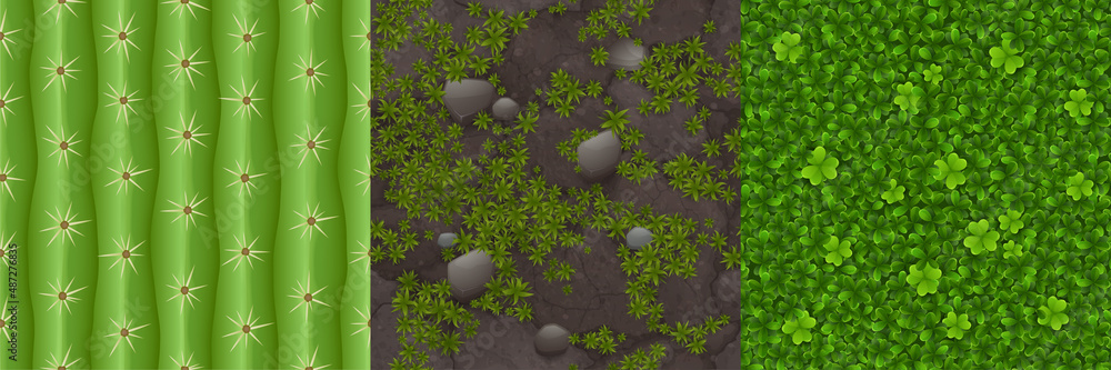 Poster Textures of ground with green grass, clover and cactus with prickles for game background. Vector cartoon seamless patterns of cacti surface and top view of land with stones and lawn with shamrocks