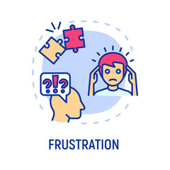 Frustration, emotional burnout concept with thin line icons, neurosis, exhausted, headache. Depression, professional crisis, low activity. Vector illustration.