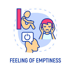 Feeling of emptiness concept with thin line icons, working fatigue, loneliness, tired man, low battery. Depression symptoms. Vector illustration.