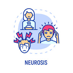 Neurosis concept with thin line icons, panic attack, loss of appetite, anxiety. Mental illness. Vector illustration.