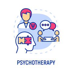 Psychotherapy concept with thin line icons, psychoanalysis with professional, support and solution mental problems, connect puzzle in head. Vector illustration.