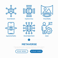 Metaverse thin line icons set: social network, cryptocurrency, virtual reality, avatar, shared digital world, augmented reality. Pixel perfect, editable stroke. Vector illustration.
