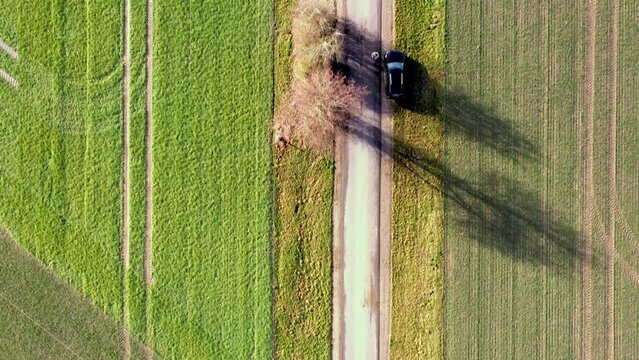 Abstract vertical aerial view of dirt road between green arable land in Germany
