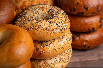  Variety of Different Flavored Bagels on a Wood Table