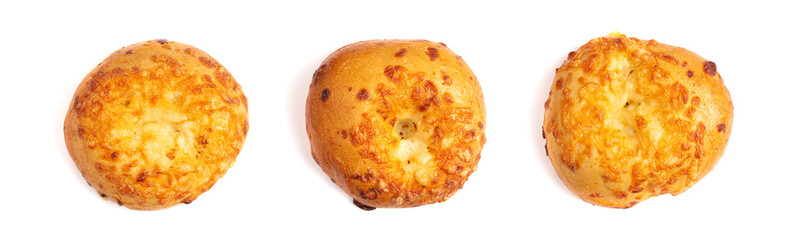 A Row of Three Cheese Bagel Isolated on a White Background