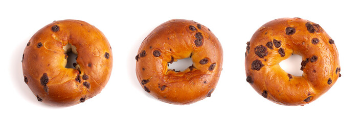 A Row of Three Chocolate Chip Bagel Isolated on a White Background