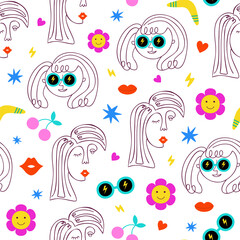 Abstract girl faces pattern in y2k style. Gen Z fun funky background. Girl power print. Continuous line face women. Fashion female portrait one line. Vector illustration. Nostalgia 2000 design.