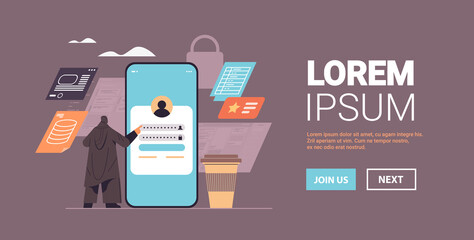 arab businesswoman entering passcode in personal business account on smartphone screen person data security