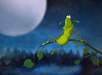 Gordijnen Children's Fairy Tale illustration  of a Cute Green Insec © liusa