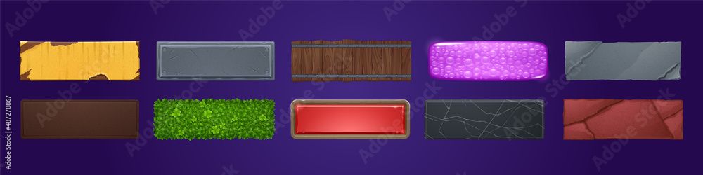 Poster rectangular buttons with wooden, stone, metal and black marble textures for ui game design. vector c
