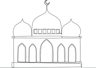 Magnificent mosque is a favorite place to pray. Ramadan Kareem greeting card design with half moon and mosque on black and white background. Vector illustration design