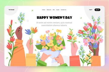 Fototapeta premium mix race hands holding flower bouquets 8 march happy international womens day celebration concept