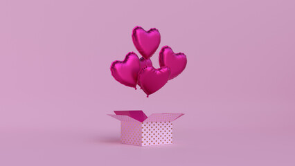 pink balloons in a box, 3d render illustration