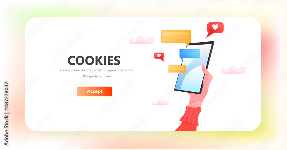 Poster hand using smartphone protection of personal information internet web pop up we use cookies policy n