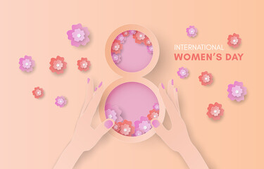 International Women's Day paper art style. 8 symbol with beautiful flowers. Vector celebration template.
