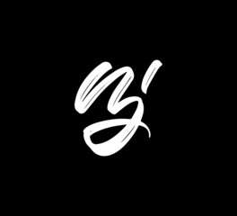 Fototapeta na wymiar White Vector Letters Logo Brush Handlettering Calligraphy Style In Black Background Initial nj