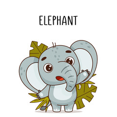 Happy elephant stands and waves near leaves and bushes. Vector illustration for designs, prints and patterns. Isolated on white background